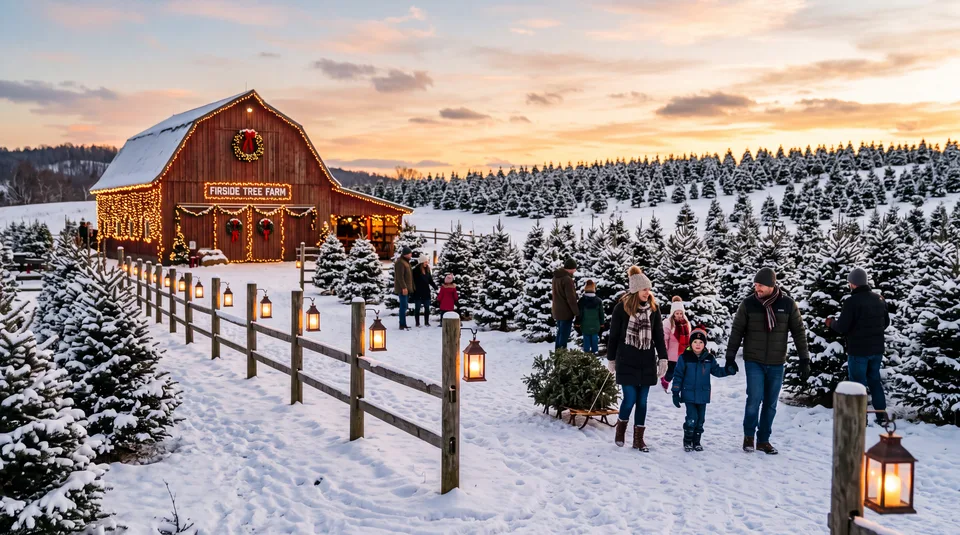 A family walks through a snowy Christmas tree farm at dusk, with a decorated barn in the background