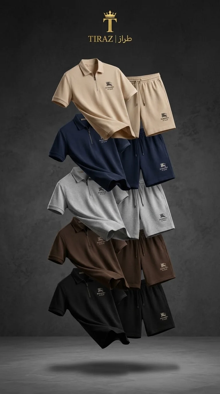 Five floating men's polo shirt and shorts sets in neutral colors against a dark textured wall