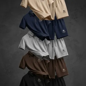 Five floating men's polo shirt and shorts sets in neutral colors against a dark textured wall