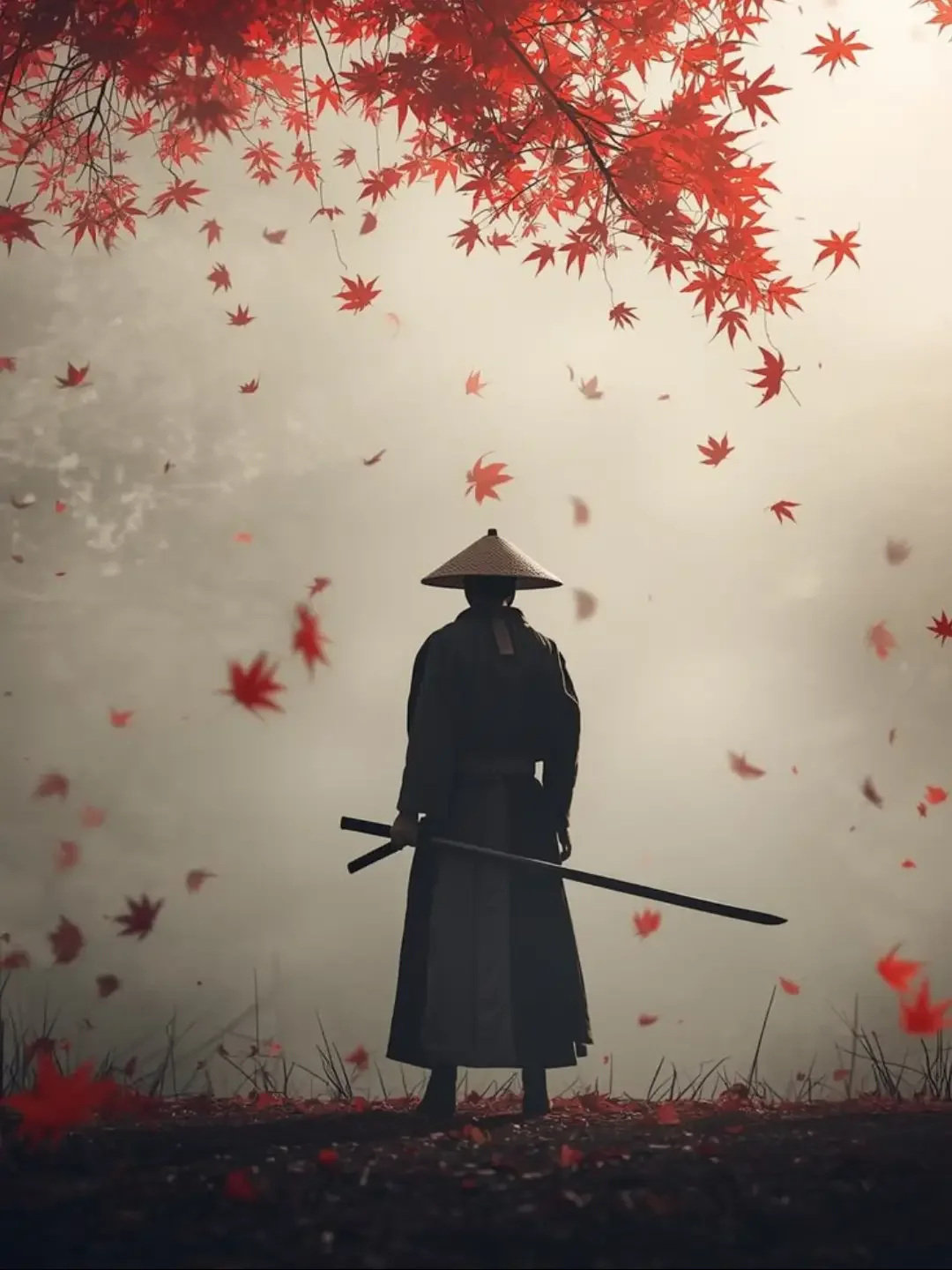 Samurai warrior stands under falling red maple leaves in misty autumn scene