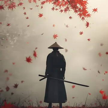 Samurai warrior stands under falling red maple leaves in misty autumn scene