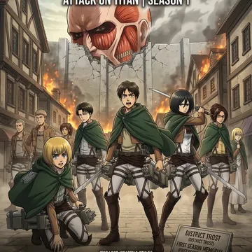 Anime soldiers in green cloaks face a giant titan breaking through a burning city wall