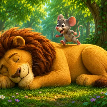 A small mouse playfully jumping on a sleeping lion in a sunny forest with flowers