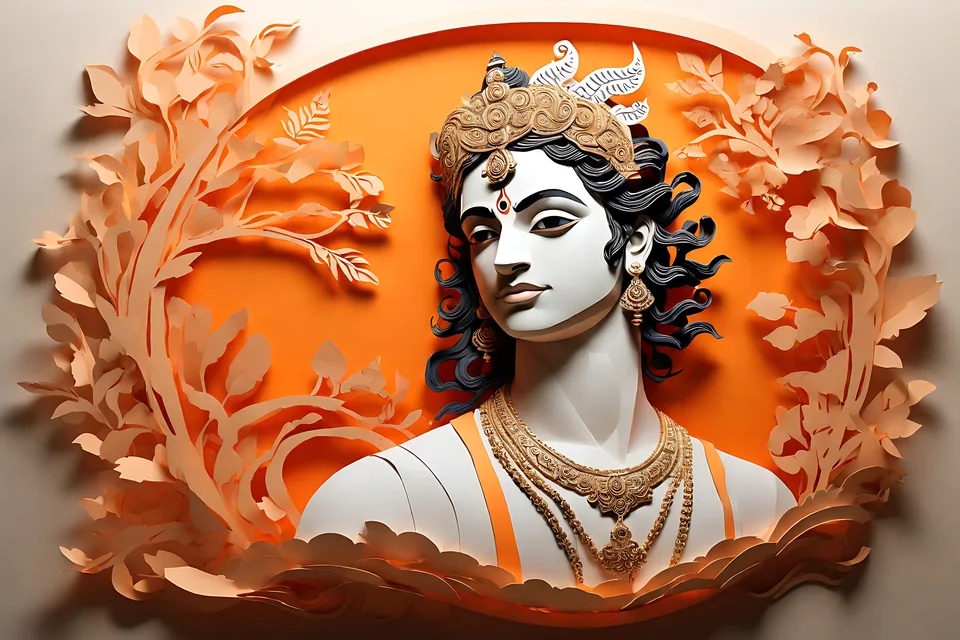 A stylized, AI-generated portrait of a deity with ornate headgear and jewelry, framed by decorative orange paper-cut foliage