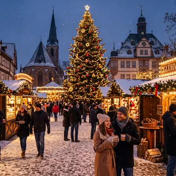 A festive Christmas market at dusk with illuminated stalls, a large decorated tree, and people walking and drinking hot beverages