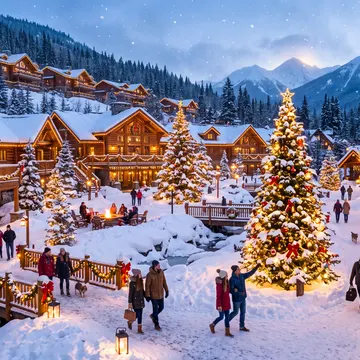 A festive, snow-covered mountain village with illuminated log cabins, decorated Christmas trees, and people walking around