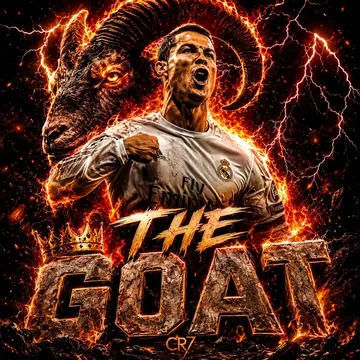 Cristiano Ronaldo in Real Madrid jersey roaring with fiery ram and 'THE GOAT' text