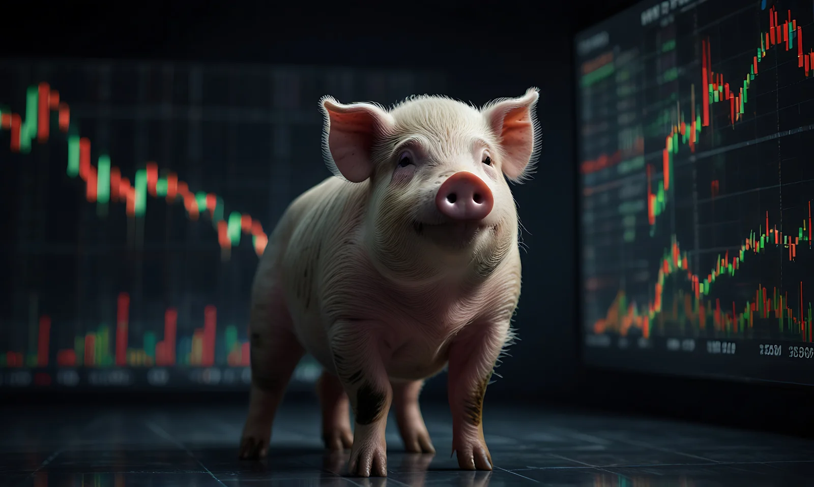 A digitally rendered pig stands in front of two large screens displaying financial stock charts with red and green candlestick patterns