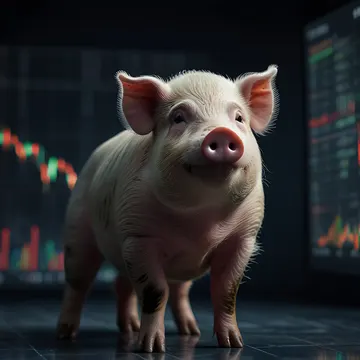A digitally rendered pig stands in front of two large screens displaying financial stock charts with red and green candlestick patterns