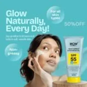 Woman applying sunscreen lotion to her face with promotional text on teal background