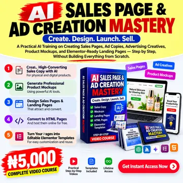 AI sales page and ad creation mastery course advertisement with devices and pricing details