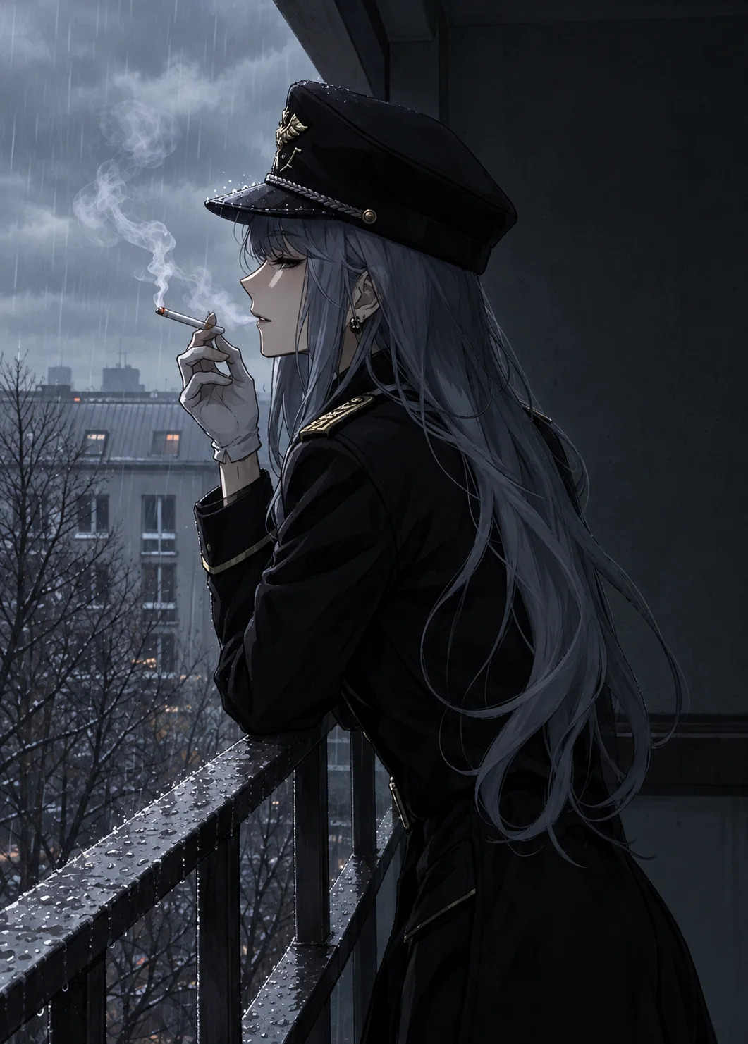 Silver-haired anime officer in black uniform smoking cigarette on rainy balcony overlooking city