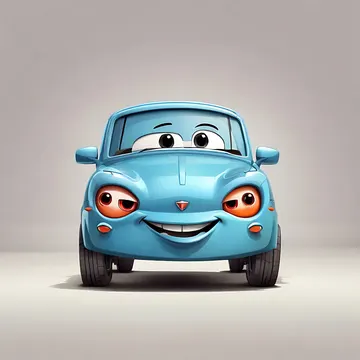 A cartoon-style blue car with a smiling face and large eyes is shown front-facing against a plain background
