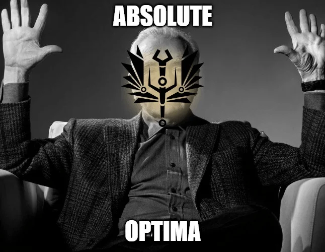 Man in suit with hands raised wearing glowing golden mask with black spikes and text absolute optima