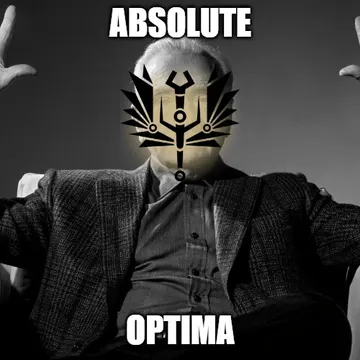 Man in suit with hands raised wearing glowing golden mask with black spikes and text absolute optima