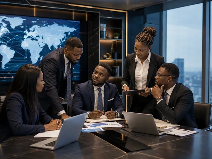 Diverse business team in suits reviewing data on laptops and tablets in a modern glass office with world map background