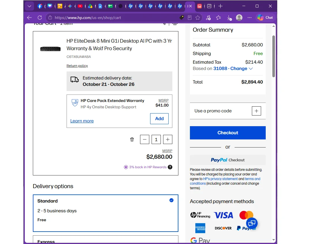 HP shopping cart webpage showing desktop PC order summary and payment options