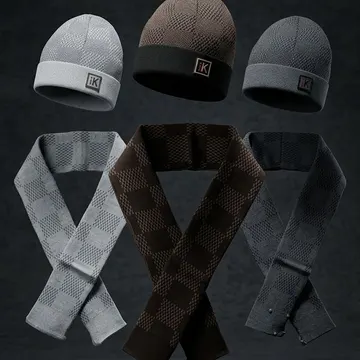 Three floating knit beanies and scarves in gray brown and black with checkered patterns and brand logos