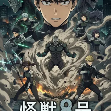 Anime characters in combat gear face monstrous creatures in a ruined urban environment