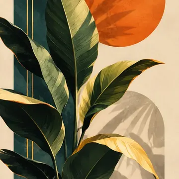Tropical leaves with shadows against beige wall and orange circle with teal stripe