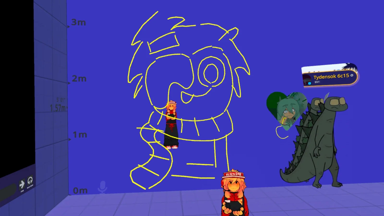 Avatars in a virtual room with a giant yellow line drawing on a blue wall