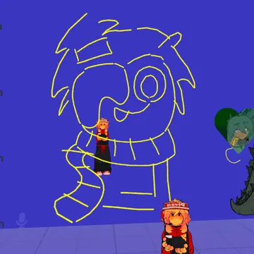 Avatars in a virtual room with a giant yellow line drawing on a blue wall