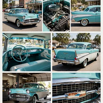 Vintage turquoise and white 1957 Chevrolet Bel Air car in various views including engine interior and garage