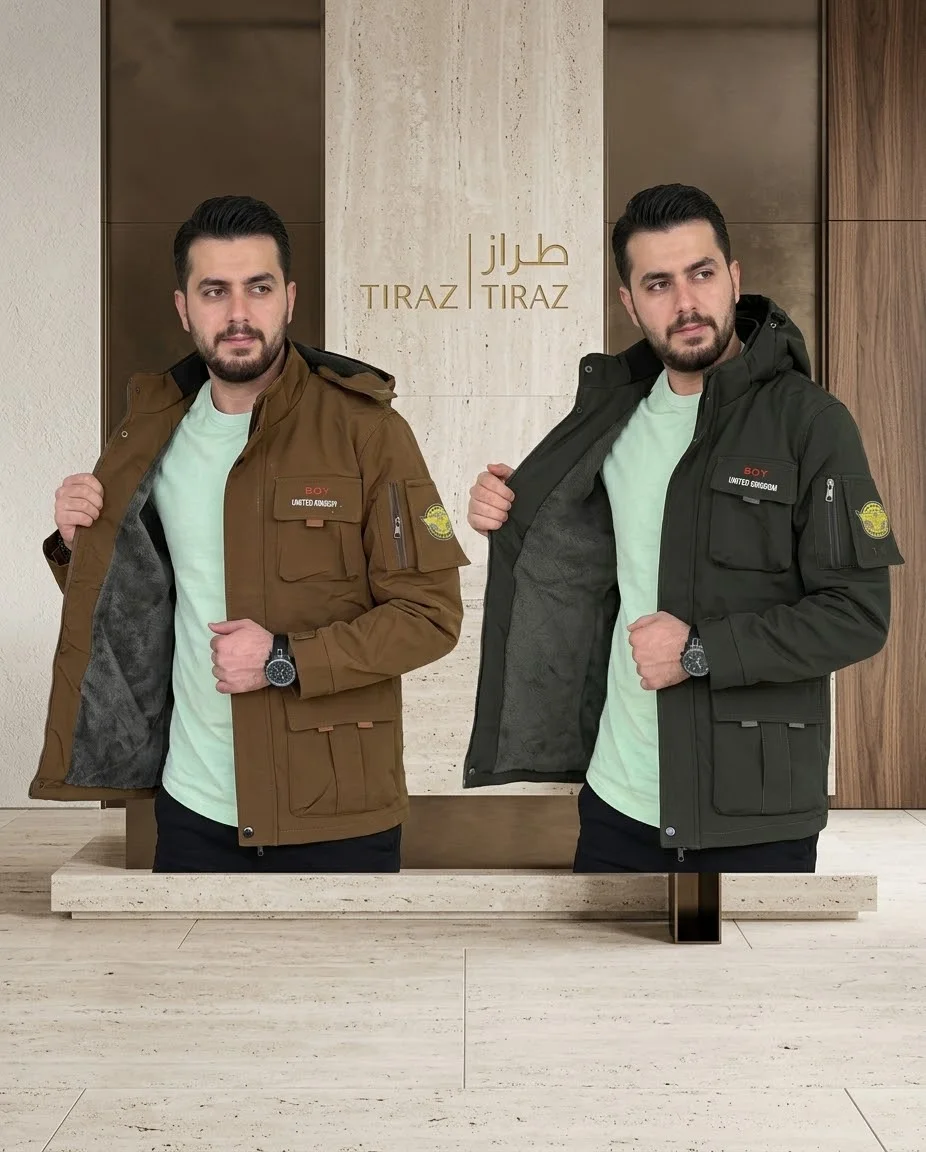 Two men modeling brown and olive parka jackets with fleece lining in a modern studio setting