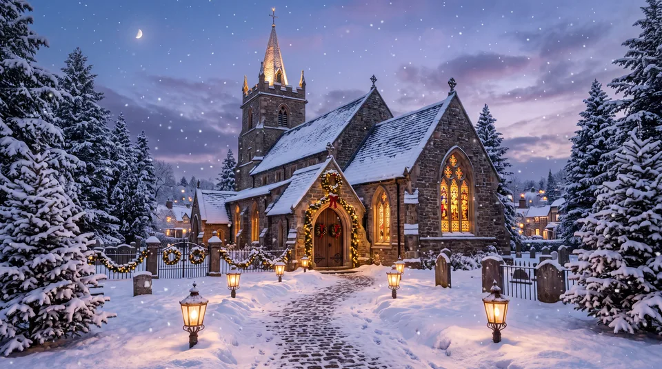 A snow-covered church with illuminated windows and a decorated entrance, surrounded by snow-laden evergreen trees under a twilight sky with a crescent