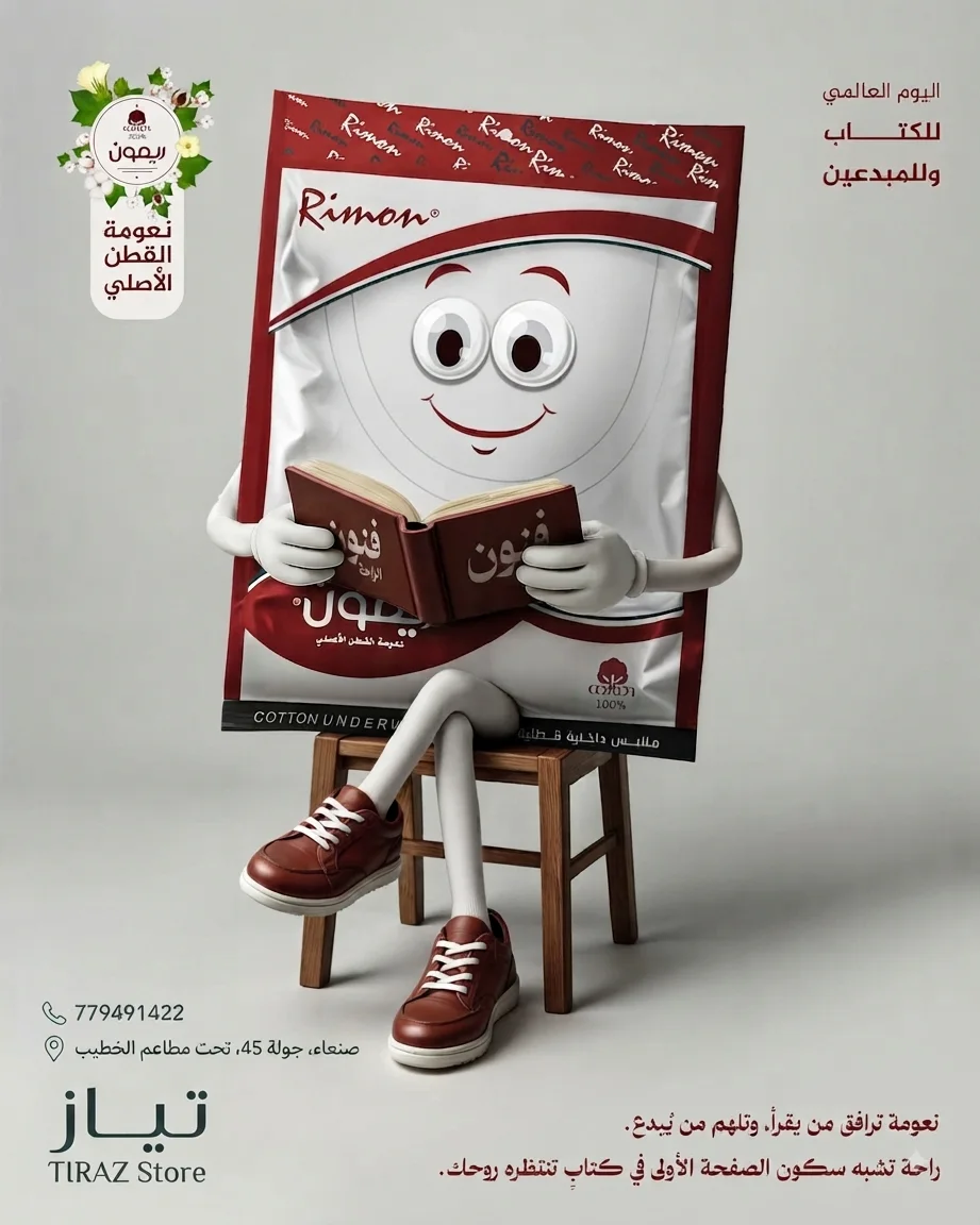 A smiling cartoon cotton bag character reading a book while seated on a wooden stool wearing brown sneakers