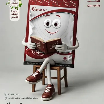 A smiling cartoon cotton bag character reading a book while seated on a wooden stool wearing brown sneakers
