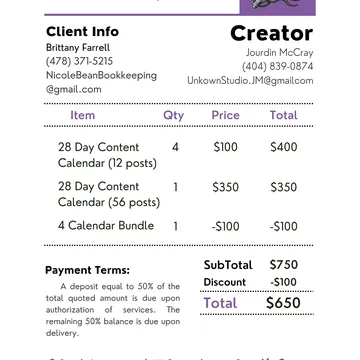 A professional service quote document with client and creator details, itemized pricing, and payment terms