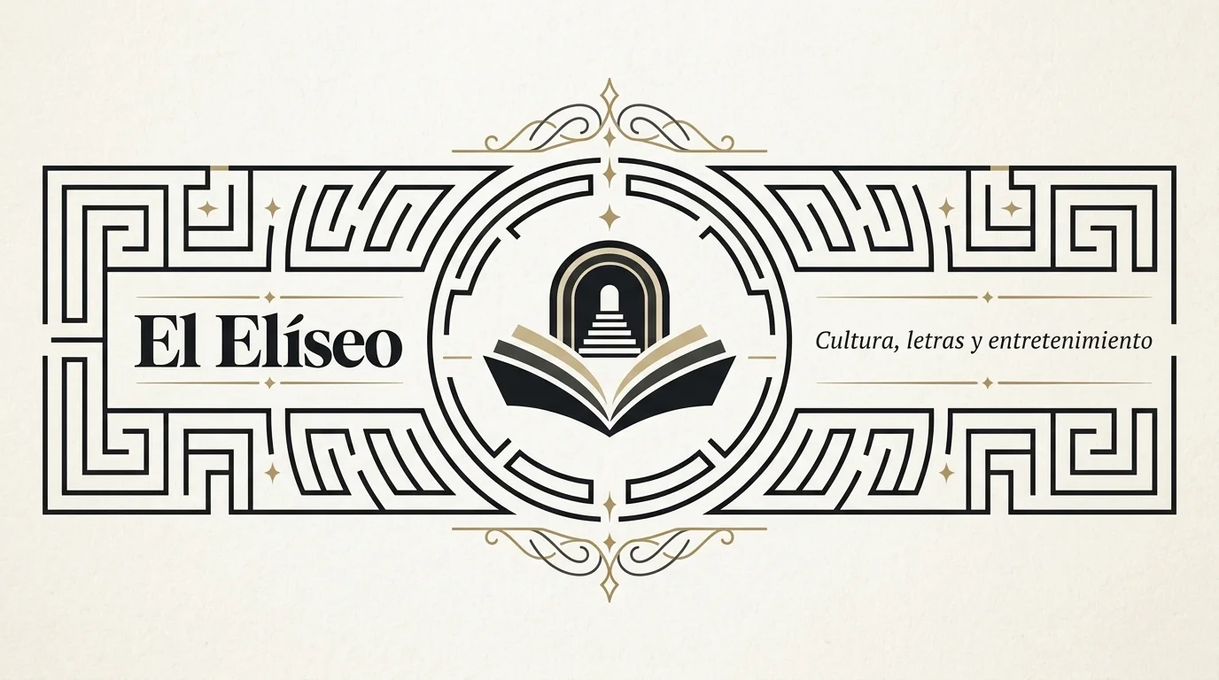 El Elíseo logo with open book and arch framed by geometric patterns and gold accents