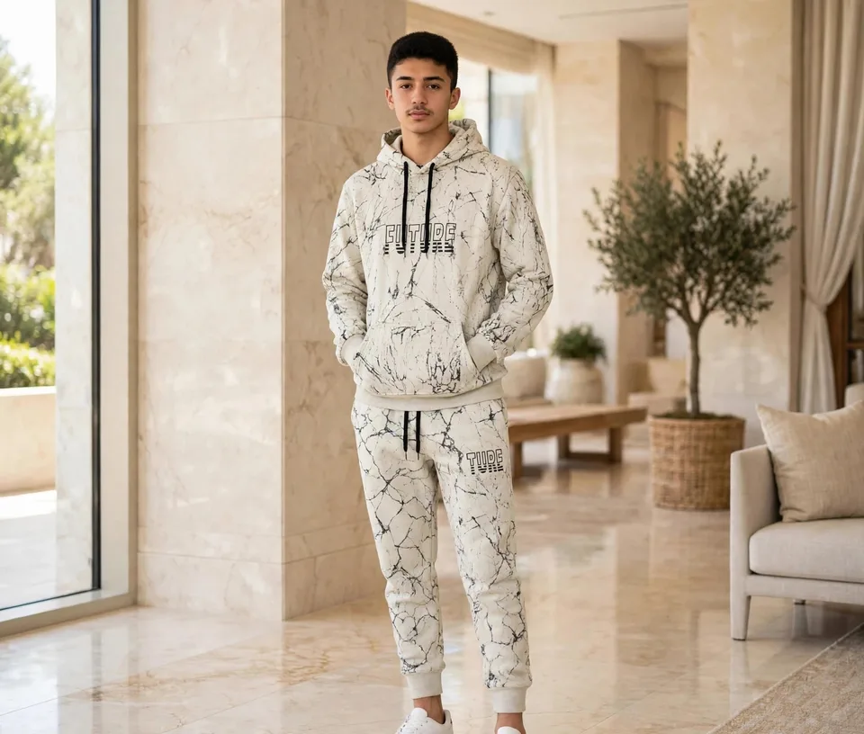 Young man in marble-patterned hoodie and joggers standing in a luxury lobby