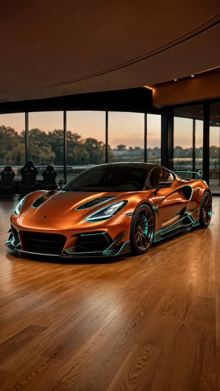 A metallic orange sports car with glowing blue accents is parked indoors on a wooden floor, with large windows showing a sunset and trees outside