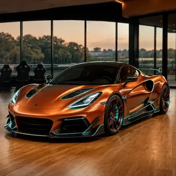 A metallic orange sports car with glowing blue accents is parked indoors on a wooden floor, with large windows showing a sunset and trees outside