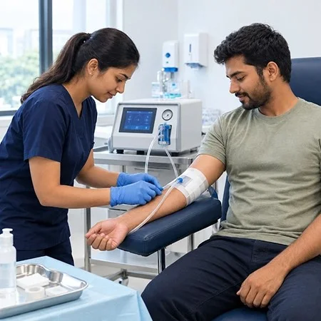Nurse drawing blood from a patient's arm in a medical clinic