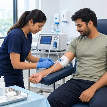 Nurse drawing blood from a patient's arm in a medical clinic