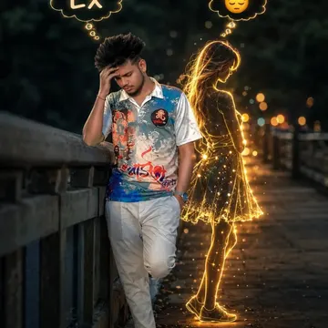 Man looking down at bridge while glowing woman walks away with sad emoji thought bubble