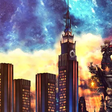 Anime characters on a rooftop overlooking a city at sunset with stars in the sky