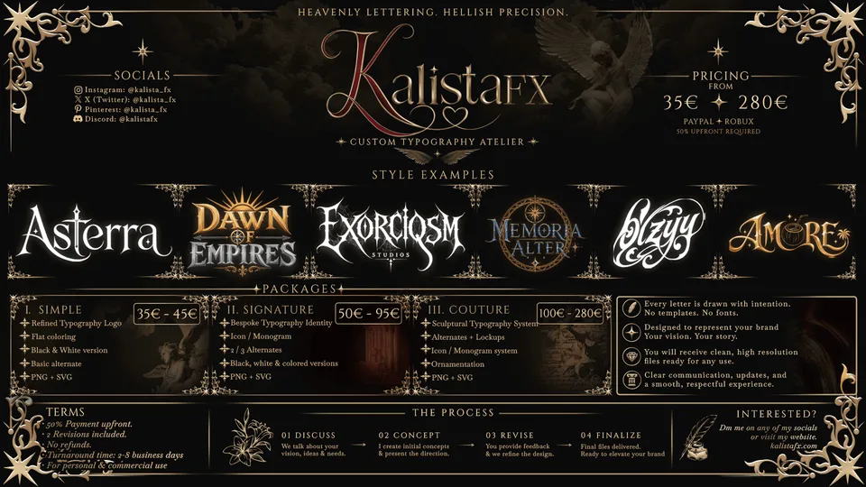 Custom typography atelier showcasing various lettering styles and pricing packages with gold and black design elements