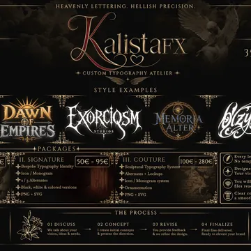 Custom typography atelier showcasing various lettering styles and pricing packages with gold and black design elements