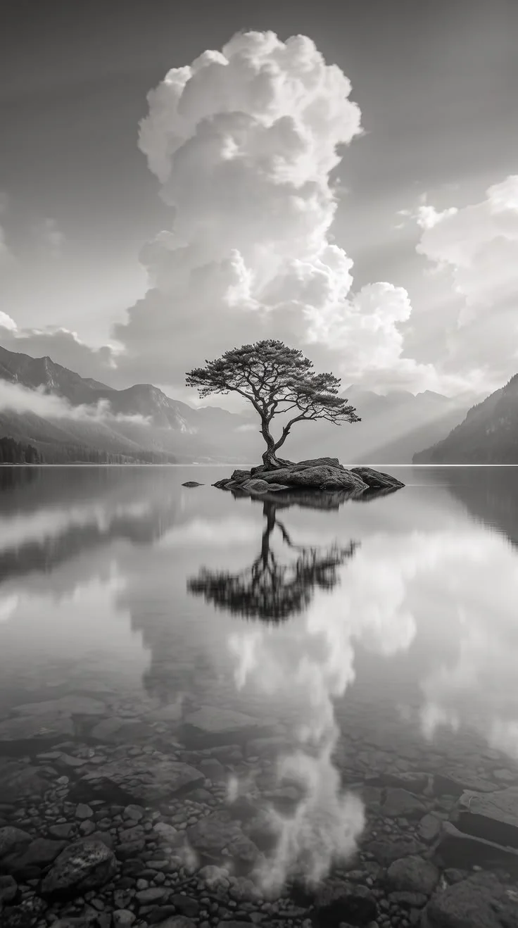 A lone tree stands on a rocky island in a calm lake mirroring dramatic clouds and distant mountains in monochrome