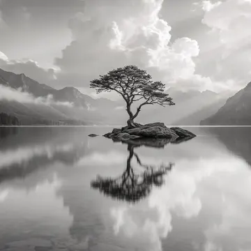 A lone tree stands on a rocky island in a calm lake mirroring dramatic clouds and distant mountains in monochrome