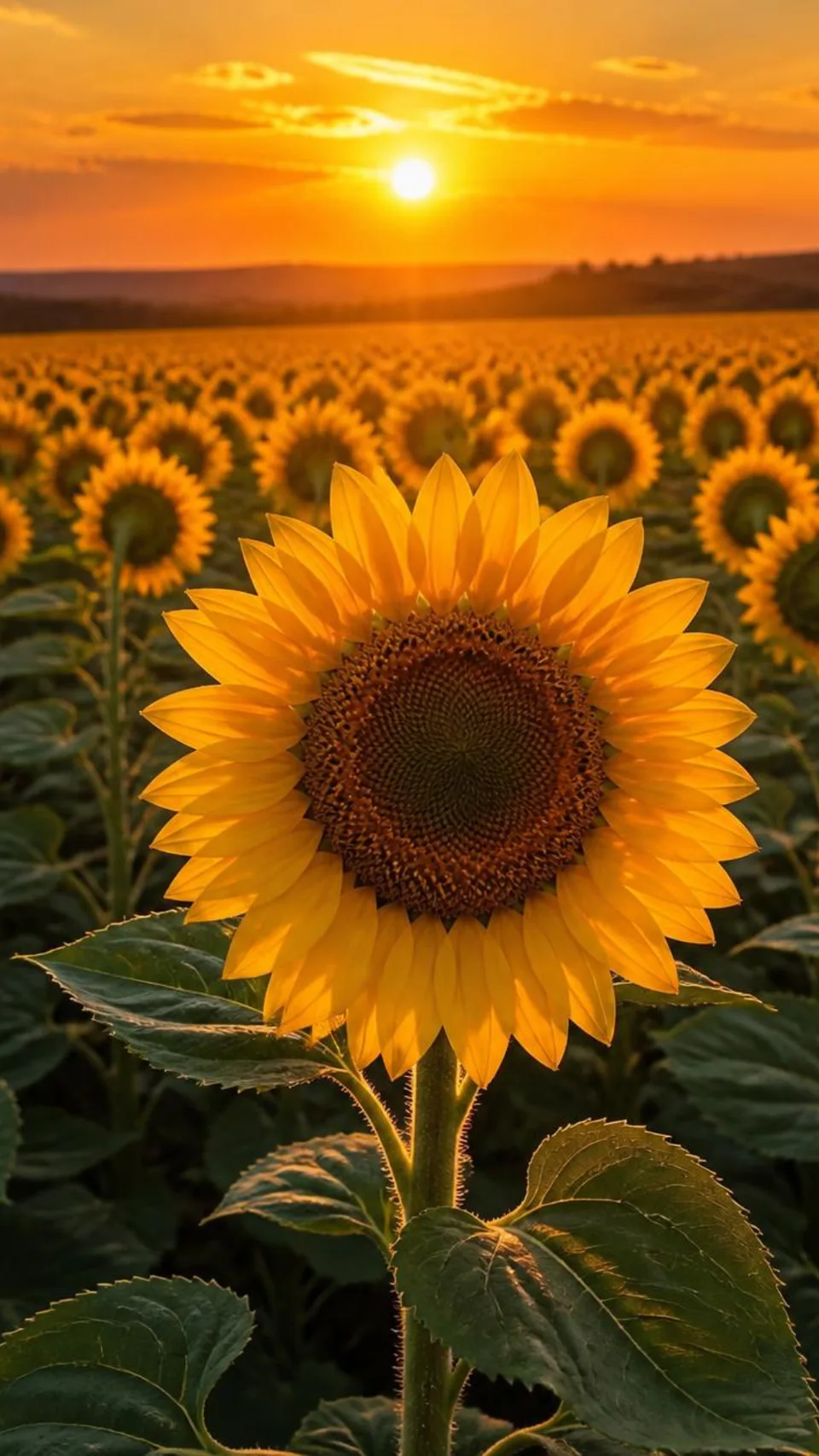 Sunflower field at golden sunset with warm light and distant hills