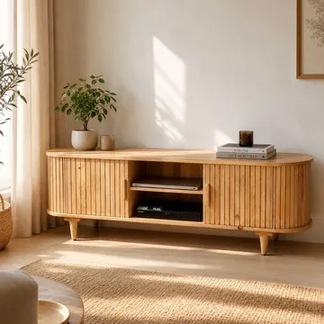 A wooden media console with slatted doors holds electronics and books under sunlight in a cozy living room