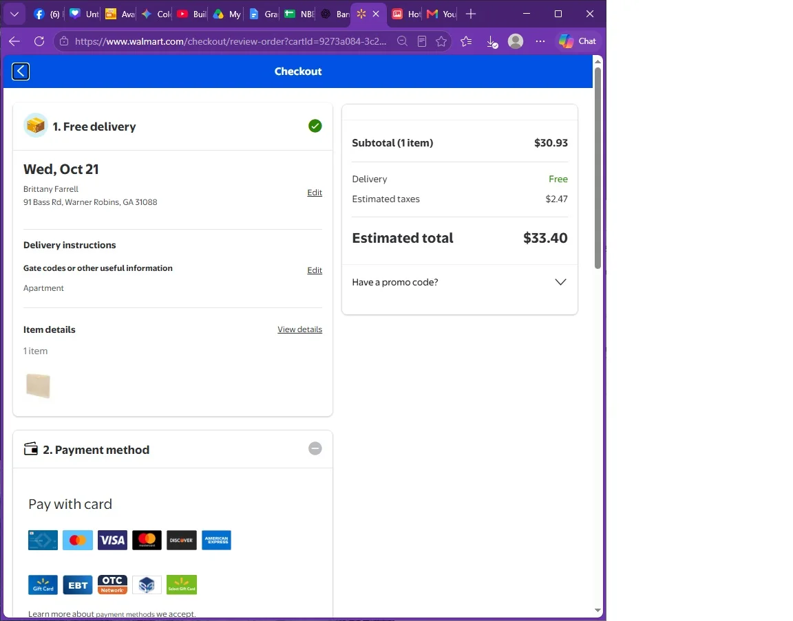 Walmart checkout screen displaying delivery info and payment methods for a $33.40 order