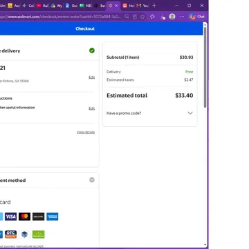 Walmart checkout screen displaying delivery info and payment methods for a $33.40 order