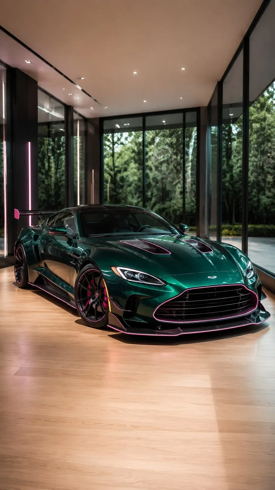 A green Aston Martin sports car is displayed indoors on a wooden floor, with large windows showing trees outside