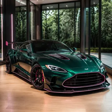 A green Aston Martin sports car is displayed indoors on a wooden floor, with large windows showing trees outside